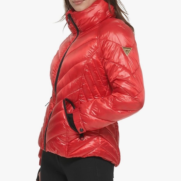 GUESS Women’s Storm Cuffs Quilted Transitional Red Puffer Jacket Size Large - Picture 2 of 16